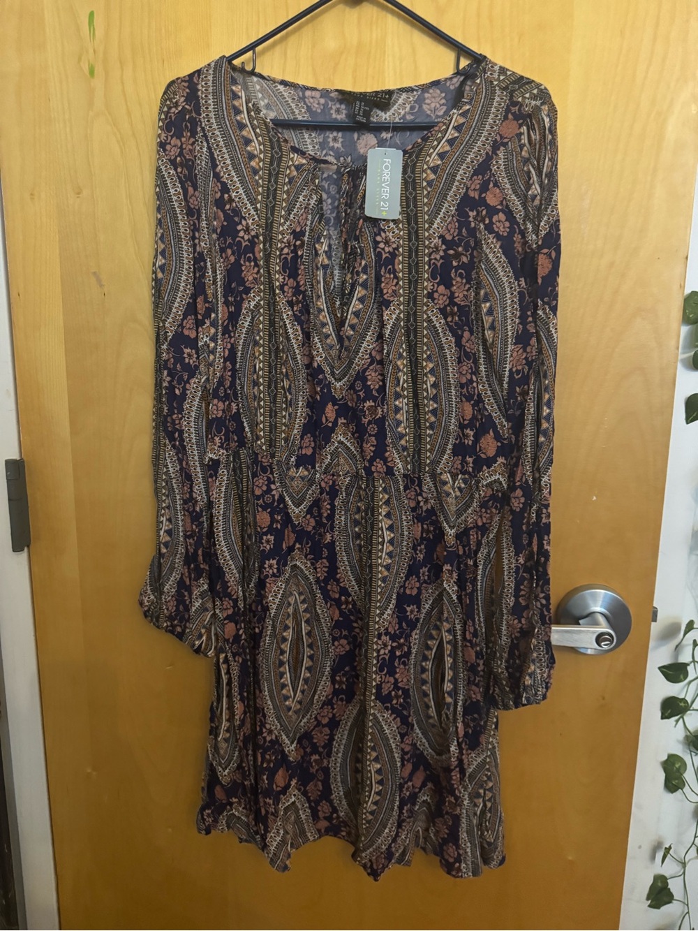 Forever 21 Navy and Brown Paisley Long Sleeve Peasant Dress